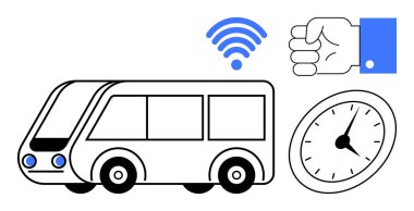 Modern bus, wireless signal, clock symbolizing punctuality, and wrist gesture. Ideal for smart transit, punctuality, connectivity, urban mobility automation schedules time management. Simple flat