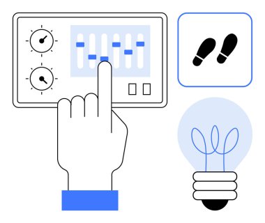 Hand interacting with control panel featuring sliders and knobs, footprints suggesting movement, and lightbulb symbolizing innovation. Ideal for creativity, automation, energy, process, workflow