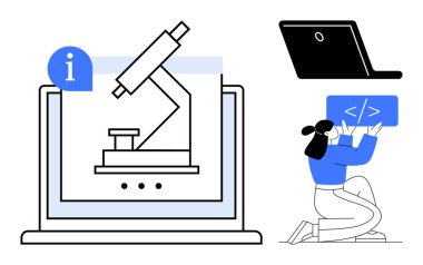 Laptop displaying microscope icon with an info bubble, woman coding on creative interface, and laptop. Ideal for online education, STEM learning, research, innovation, coding, e-learning simple