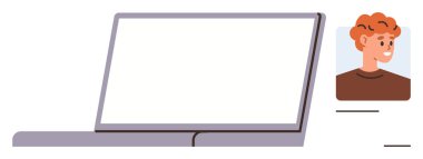 Open laptop with blank screen beside user profile image. Ideal for technology, communication, networking, collaboration, remote work, online learning, digital interaction. Simple flat metaphor