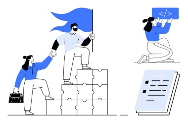 Professionals climbing puzzle steps with a flag, kneeling engineer showcasing coding, and a document. Ideal for teamwork, leadership, innovation, career growth, digital skills, planning simple