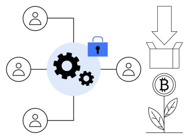 Gear system connecting user profiles, blue lock symbolizing security, box with downward arrow, Bitcoin plant. Ideal for blockchain, cryptocurrency, technology, security, decentralization growth