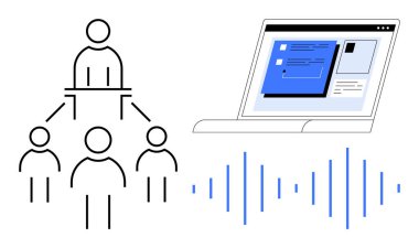 Hierarchical team structure connected to laptop displaying interface and audio waveform. Ideal for leadership, communication, online meetings, technology, workflow, education, teamwork. Simple flat