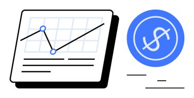 Data chart with performance line graph and currency symbol suggesting financial success and monetary growth. Ideal for business, finance, investment, accounting, analysis, strategy, simple landing