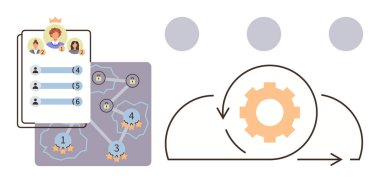User leaderboard with people ratings beside a flowchart of connected tasks and progress points. Gear symbolizes iterative workflow. Ideal for teamwork, goal-setting, productivity, gamification