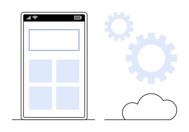 Smartphone interface with four app squares, cloud symbol, and gears representing system optimization, cloud storage, app development, and technology innovation. Ideal for mobile technology, IT