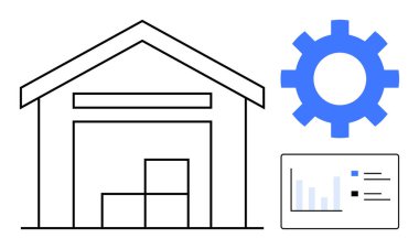 Warehouse structure with boxes, a gear symbolizing automation, and a data chart indicating analytics. Ideal for logistics, inventory, automation, optimization, data strategy, supply chain business