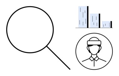 Magnifying glass, user profile icon, and bar chart illustrating search, research, data analysis, user focus, recruitment, performance insights and analytics. Ideal for simple flat metaphor