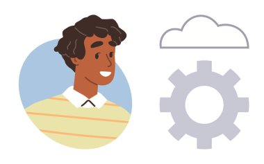 Young individual smiling, next to a cloud and gear icon symbolizing technology, creativity, and solutions. Ideal for innovation, teamwork, cloud computing, strategy, planning education simple flat