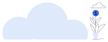 Blue cloud connected to a potted plant sprouting a dollar sign coin. Ideal for finance, growth, sustainable economy, cloud computing, innovation, savings, wealth. A simple flat metaphor