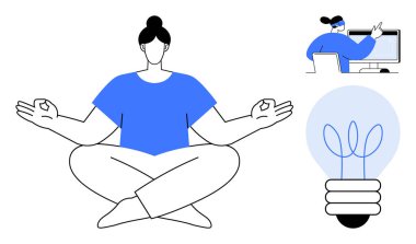 Woman meditating in lotus pose, light bulb with creative twist, person working at computer. Ideal for mindfulness, balance, innovation, focus, productivity creativity simplicity. Simple flat