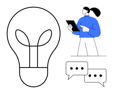 Lightbulb with leaf design symbolizing eco-friendly innovation, professional with tablet, conversation bubbles. Ideal for creativity, technology, sustainability, teamwork, problem-solving, business