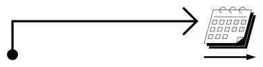 Horizontal black arrow with circular start diverges at angle and targets stacked calendar. Ideal for schedule planning, project management, deadlines, goal progression, timelines, appointments