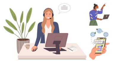 Customer service agent with headset at desk, associate working on laptop, mobile app displaying money transfer. Ideal for customer service, teamwork, online banking, communication, remote support