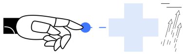 Robotic hand touching blue dot leading to a plus sign and upward arrows visualizing technology, healthcare, growth, innovation, automation, digital transformation, problem-solving. Simple flat