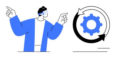 Man wearing AR headset pointing toward gear within circular arrows representing automation, progress, and innovation. Ideal for technology, VR, AR, industry, process, efficiency and digital