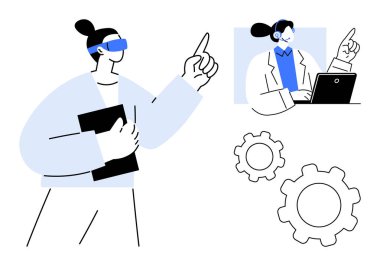 Woman wearing VR headset points upward holding a clipboard, colleague works on laptop with headset. Ideal for technology, collaboration, innovation, teamwork, virtual work, education, simple landing