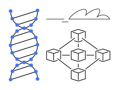 DNA helix symbolizing genetics, alongside a blockchain network and cloud element. Ideal for biology, genetics, technology, innovation, blockchain, cloud computing scientific research. Simple flat