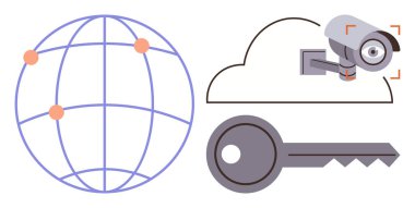 Global network with data points, surveillance camera in the cloud, and a key symbolizing data security. Ideal for privacy, cybersecurity, data protection, cloud computing, monitoring, authentication