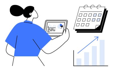 Woman reviewing analytics on a tablet, a detailed calendar, and a bar chart with an arrow pointing upward. Ideal for planning, management, growth, project scheduling, finance, productivity analysis