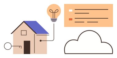 House connected with a cloud, lightbulb for innovation, key for security, and dashboard for management. Ideal for smart homes, energy efficiency, IoT, security, home automation innovation simple
