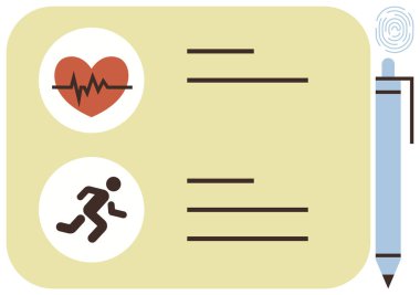 Heartbeat icon, running figure, pen, and document highlight health, fitness tracking, lifestyle monitoring. Ideal for wellness, diagnostics, exercise plans health records medical forms biometric