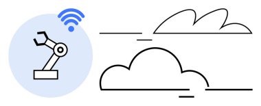Robotic arm emitting wireless signal, connected to abstract clouds. Ideal for automation, IoT, cloud computing, robotics, AI technology, remote work and smart industry. Simple flat metaphor