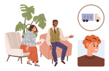 Two people seated, discussing ideas with visuals of a truck and a young person. Ideal for communication, teamwork, transport, innovation, logistics, mentorship problem-solving. Simple flat metaphor