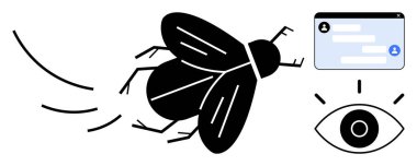Flying insect in dynamic motion near an eye and a chat window. Ideal for surveillance, observation, focus, technology, interaction, creativity, simple landing page