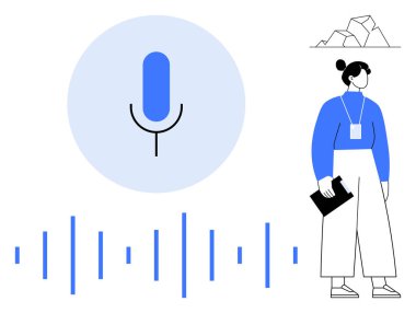 Microphone inside blue circle with sound waves, woman in professional attire holding clipboard. Ideal for podcasting, audio recording, interviews, communication, podcast setup, creativity