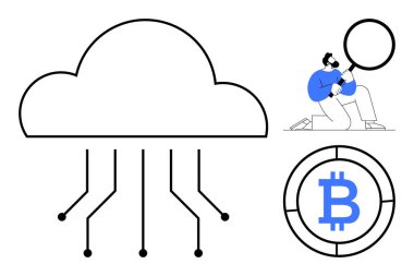 Cloud graphic with connection lines, person analyzing data with magnifying glass, and Bitcoin symbol. Ideal for data analysis, blockchain, finance, cryptocurrency, technology, networking simple flat