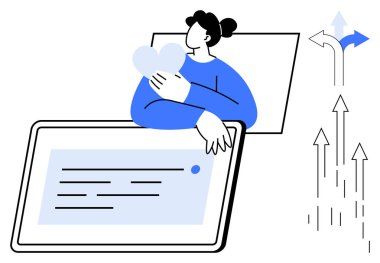 Woman clutching heart next to tablet showing content. Arrows signify direction, progress, decision-making. Ideal for self-care, technology, growth, choices mental health love motivation. Simple