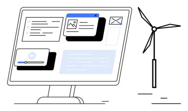 Computer monitor with multimedia content, email, and photo widgets alongside a wind turbine. Ideal for renewable energy, technology, eco-friendly solutions, digital transformation, sustainability