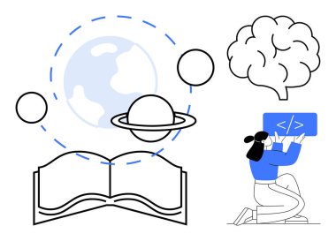 Open book with celestial icons, brain symbol, and person working on coding screen. Ideal for education, science, technology, innovation, learning, creativity and simple landing page