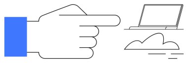 Line art hand points at laptop and cloud, symbolizing digital tools, cloud computing, and online resources. Ideal for technology, navigation, innovation, teamwork, connectivity IT services