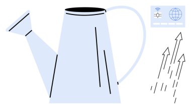 Metal watering can, digital interface with connectivity icons, upward arrows signifying development. Ideal for innovation, growth, technology, internet potential, progress, digital transformation