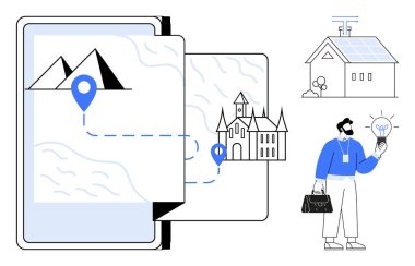 Open map with destination markers for mountains and castle, eco-friendly smart home with solar panel, insightful professional analyzing solutions. Ideal for travel, sustainability, innovation