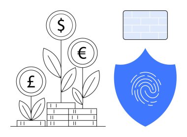 Stacked coins with pound, dollar, euro symbols on plants signify growth. Shield with fingerprint and bricks convey security and protection. Ideal for finance, investment, savings, fintech, security