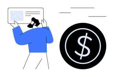 Person holding a report beside a large dollar sign symbolizing money, finance, and economic analysis. Ideal for business, investment, accounting, savings, marketing, wealth management simple flat