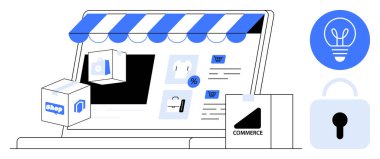 Laptop displaying online shop interface, shipping box, commerce bag, secure lock, and lightbulb icon. Ideal for e-commerce, online shopping, innovation, technology business security and simple