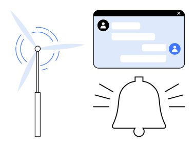 Wind turbine with spinning blades, chat bubble with profiles, and ringing notification bell. Ideal for green energy, technology, communication, notifications, alerts, innovation simple landing page