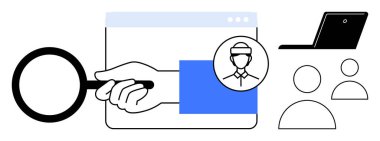 Magnifying glass with hand, profile icon, browser window, laptop, and team figures. Ideal for recruitment, research, analysis teamwork user experience digital tools business strategies. Simple