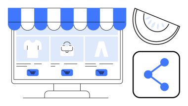 Digital storefront showcasing products with shopping carts, networking icon, and abstract design. Ideal for e-commerce, online shopping, digital marketing, social media, connectivity, retail