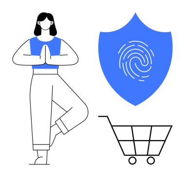 Woman in yoga pose beside blue security shield with fingerprint and shopping cart. Ideal for cybersecurity, online shopping, wellness, balance, safe transactions, personal data protection. Simple
