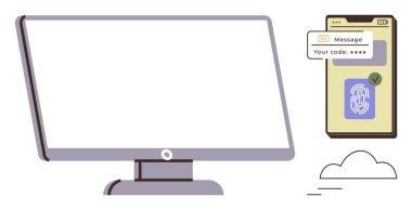 Computer monitor and smartphone with biometric fingerprint, verification code, and cloud element. Ideal for cybersecurity, data privacy, online access, secure login, tech innovation, digital safety