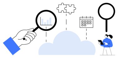 Hand holding magnifying glass zooms in on bar chart over cloud, linked to puzzle, calendar, and a person holding a tablet. Ideal for analytics, research, collaboration, data visualization, strategy