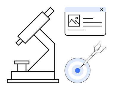 Microscope, webpage layout, and bullseye with dart representing analysis, precision, research, and achieving goals. Ideal for science, technology, education business strategy data innovation