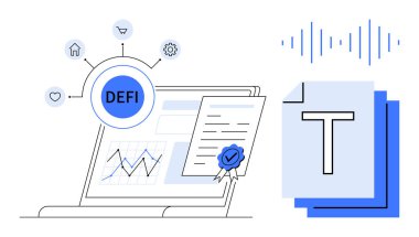 Laptop with charts, certified digital document, DeFi network icons, and file representation. Ideal for blockchain, fintech, cryptocurrency, smart contracts, digital security finance simple landing