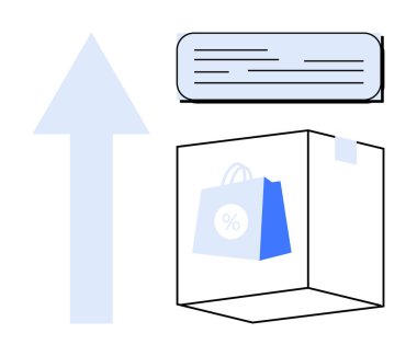 Bag with discount sign in a delivery box, upward arrow, and text block. Ideal for e-commerce, retail growth, online shopping, delivery services, sales, business progress simple flat metaphor