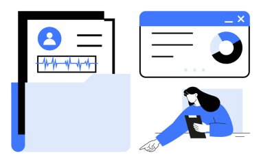 Documents with user data in a folder, analytics dashboard, and woman reviewing on tablet. Ideal for data management, analytics, technology, healthcare, business, education simple landing page